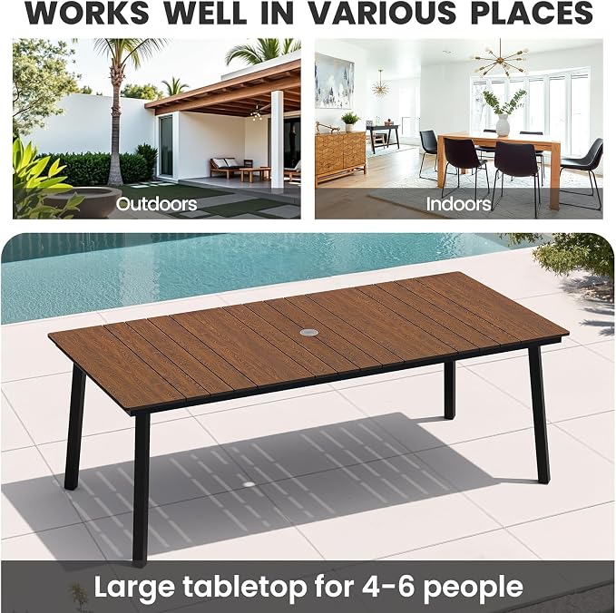 Crestlive Products Outdoor Dining Table for 6, 70' Rectangular Patio Table with Metal Frame 1.6" Umbrella Hole for Backyard Balcony Garden, Walnut