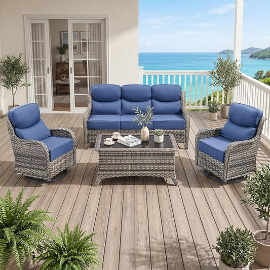 Luxury High Back Outdoor Furniture with 6-Inch Thick Cushions, Patio Furniture Set with Swivel Chairs, 4 PCS Wicker Conversation Set for Porch, Balcony, Deck and Yard
