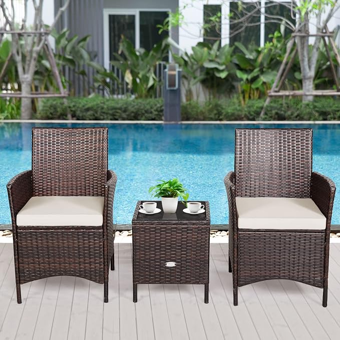 COSTWAY 3 Pieces Patio Rattan Furniture Set, Outdoor Wicker Cushioned Sofa with Tempered Glass Tabletop, Rattan Conversation Set for Porch Yard Balcony Backyard Pool, White