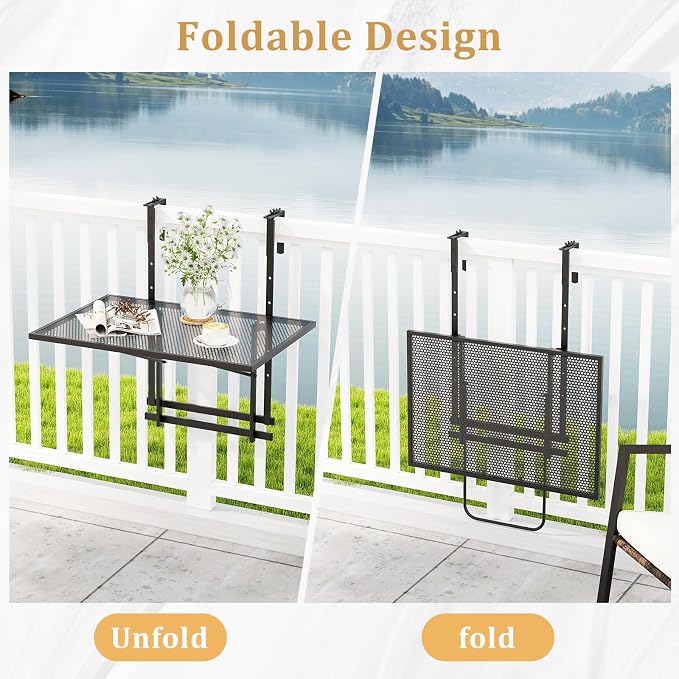 LDAILY Balcony Railing Table, Large Metal Folding Hanging Table with 5-Level Adjustable Height, Heavy-Duty Outdoor Bar Table Fits 1.4”-4” Railings for Patio, Porch, Deck, Black