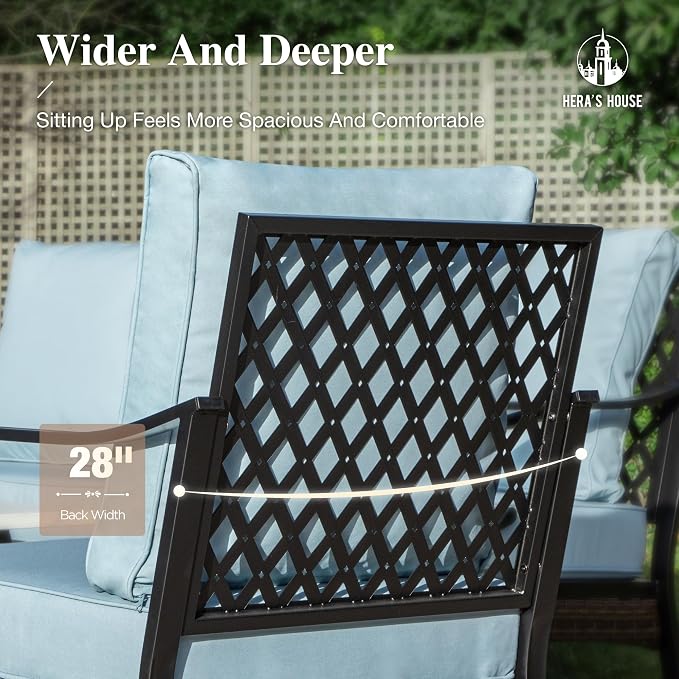 HERA'S HOUSE 4 Piece Metal Patio Furniture Set, All Weather Outdoor Conversation Set with 3 Seat Sofa, 2 Rocking Chairs & Coffee Table, Seats 5 for Backyard, Garden, Deck, Blue