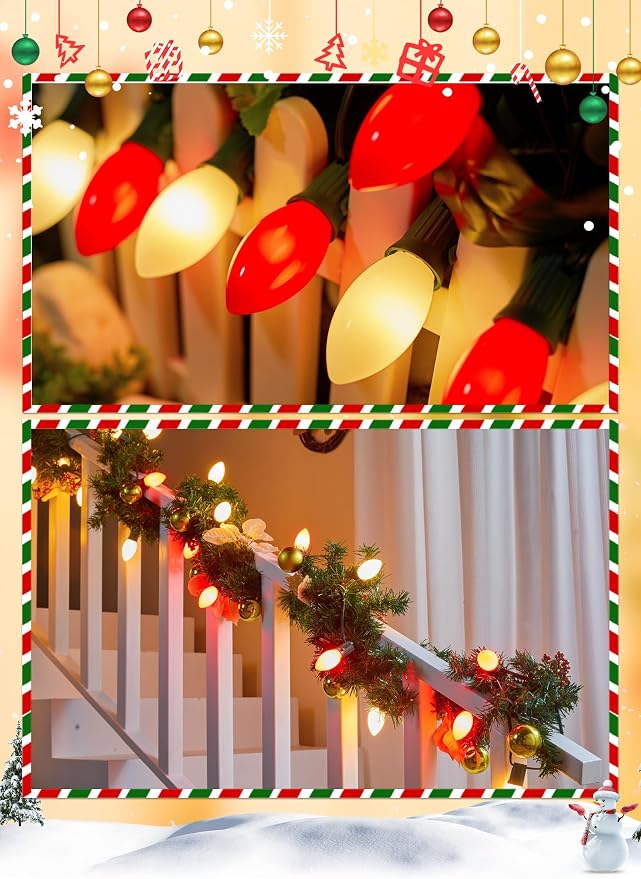 C9 Christmas Lights Outdoor, 100Ft 50 LED Red & Warm White String Lights | Waterproof Shatterproof Connectable Christmas Tree Lights for House Outside Roofline Patio Yard Home Xmas Decorations