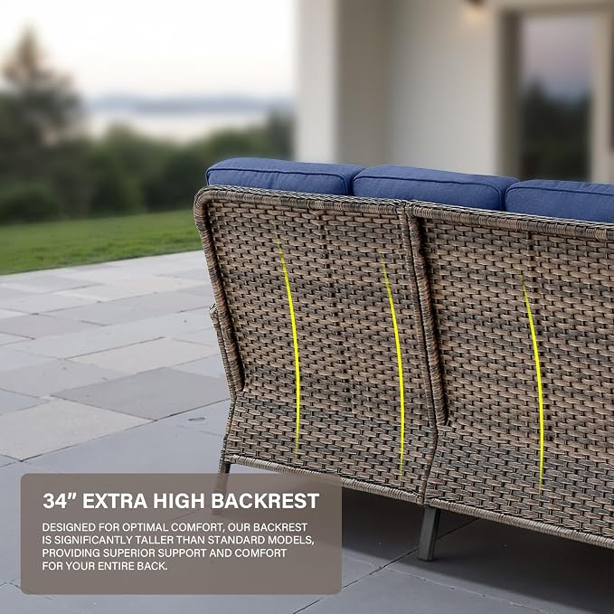 Belord 6-Seater Outdoor Sectional Sofa L Shaped Couch Patio Conversation Furniture Set, PE Wicker Patio Sectional Sofa with Removable Blue Cushion for Deck Sunroom Backyard