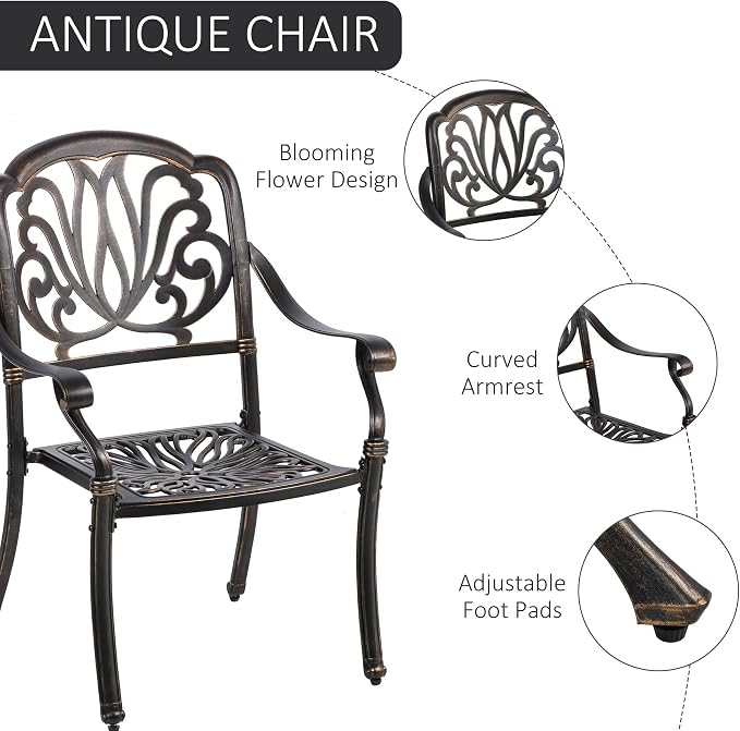 Outsunny 5 Pieces Outdoor Furniture Dining Set for 4, All-Weather Cast Aluminum Stackable Design Chairs and Round Patio Table with Umbrella Hole, for Backyard, Deck, Garden, Bronze