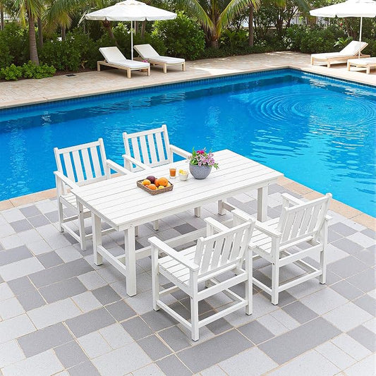 Outdoor Patio Dining Table Set, 5-Piece Outdoor HDPE Dining Furniture Sets with Umbrella Hole Table and 4 Chairs for Backyard, Garden, Lawn, Poolside, White