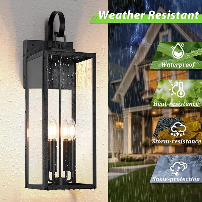 BesLowe 25" Extra Large Outdoor Wall Light, 4-Light Black Exterior Sconce | Waterproof, Rust-Resistant, Durable Metal with Clear Glass, Standard E12 Socket, Easy to Install