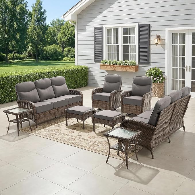 8-Piece Patio Furniture Set with Upgraded 6" Thick Cushion - High Back Outdoor Swivel Rocker Chairs with 3-Seater Sofa Set of 2,Ottomans,Wicker Outdoor Conversation Set for Deck, Porch, Yard, Poolside