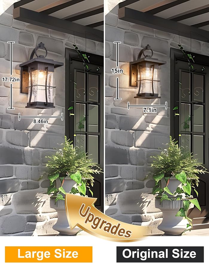 18" H Extra Large Outdoor Wall Sconce Black Large Exterior Wall Lantern Outside House Lamps Waterproof Mission Light Fixtures with Clear Seeded Glass, Perfect for Villa Porch Garage Coach Light