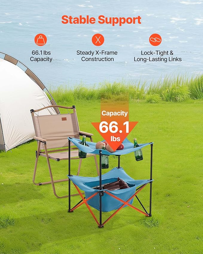 VEVOR Folding Camping Table, Portable Outdoor Lightweight Picnic Table, 600D Oxford Fabric Waterproof Canvas Travel Beach Tables, with 4 Cup Holders, Carry Bag, for Tailgating Camping Picnic, Blue