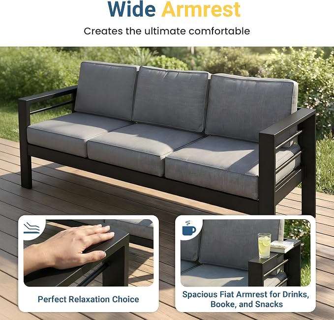 Wisteria Lane 6 Pieces Aluminum Patio Furniture Set with Umbrella, All Weather Oversized Outdoor Furniture Set with Deep Seat and Back Cushion, Patio Conversation Sets Wide armrest, Light Gray & Navy