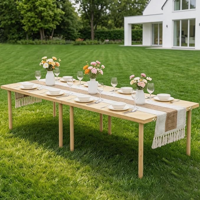 Upgraded Extra Large Low Wooden Folding Picnic Table with 8-Legs, Thick Varnished Tabletop, 80"×30" Portable Boho Beach Table with Table Runner for Yard, Camping, Outdoor Party (Diagonal)