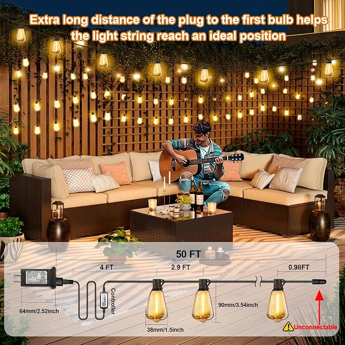 50ft-LED-Lights-Outdoor-Waterproof-String Lights-Patio-Outside-Porch-Backyard-Garden-Gazebo-Yard-Deck-Balcony-Party-Camping-House-Hanging-Lighting-Bulb-Remote-Bluetooth-Hanging-Edison-ST38