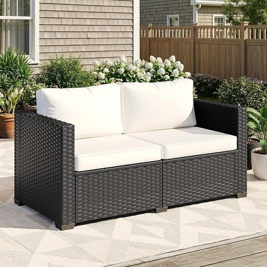 LazySunsets 1-Piece Outdoor Patio Furniture Set, Rattan Outdoor Sectional with Thick Waterproof Cushions, Wicker Ottomans & Waterproof Cover, Patio Conversation Set for Garden, Backyard, Beige