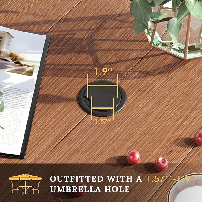 VICLLAX 63" Rectangle Outdoor Dining Table for 6, Patio Table with Umbrella Hole, All Weather Metal Patio Tables, Walnut Tabletop