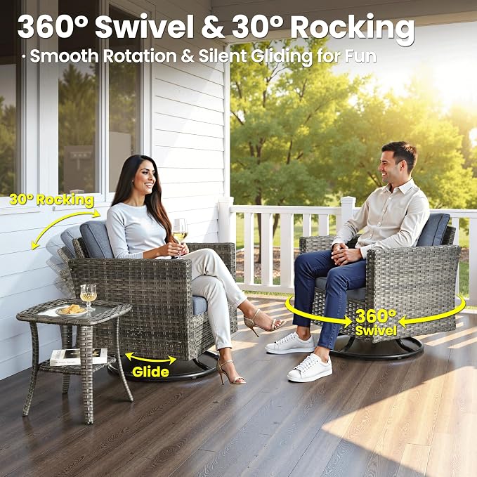 ovios 6 Pieces Patio Furniture Set with Rectangular Fire Pit Table, Swivel Rocking Chairs, Loveseat, Outdoor High Back Wicker Rattan Conversation Set for Deck Porch, Denim Blue