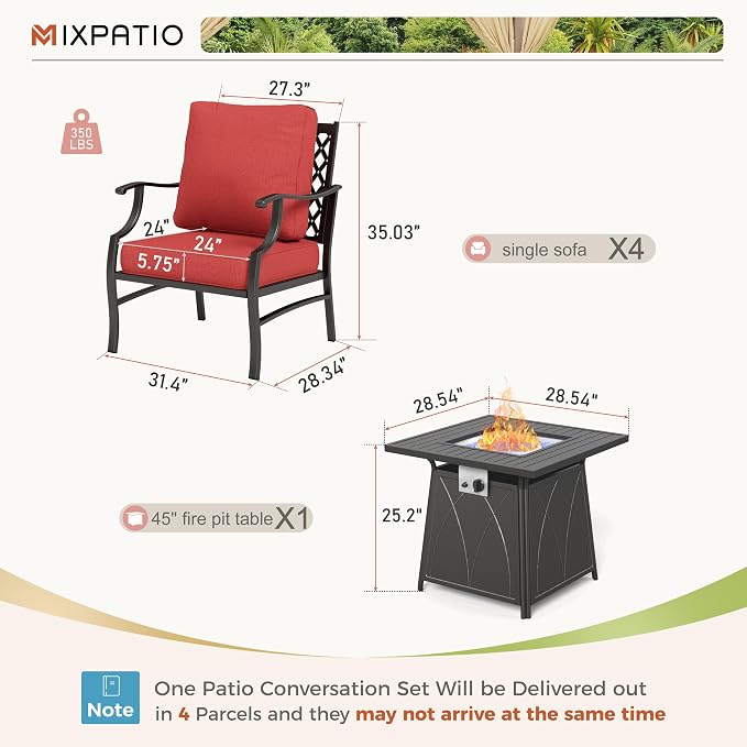 MIXPATIO Patio Furniture Set with Fire Pit Table, 5 Pcs Metal Outdoor Conversation Set, 4 Single Chairs with 5.75" Extra Thick Cushion and 28" Fire Pit Table for Backyard Deck, Red