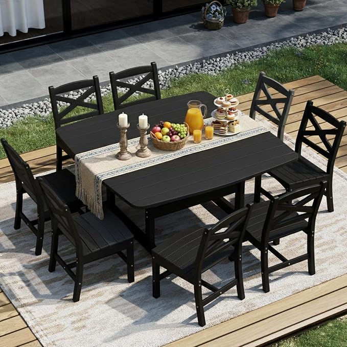 Outdoor Dining Set, HDPE 9-Piece Patio Table and Chairs Set, All-Weather Outdoor Dining Table Set for 8 with Umbrella Hole, Durable Patio Furniture Set with Chairs,Black