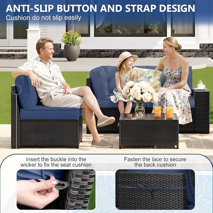JOYURE 5 Pieces Patio Furniture Set, Outdoor Sofa with Waterproof Cushions, Rattan L Shaped Patio Couch & Coffee Table, Modern Outdoor Furniture for Backyard, Deck, Balcony – Navy