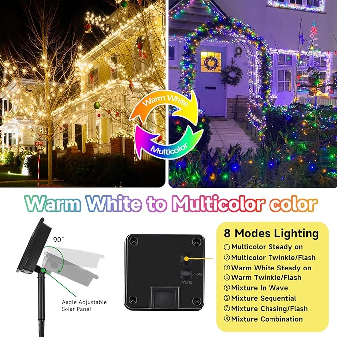 Solar Fairy Lights, 2 Pack Total 400LED 144FT Warm White to Multicolor | Waterproof Color Changing Solar String Lights Outdoor, Copper Wire, 8 Modes Solar Twinkle Lights for Tree Garden Yard Decor
