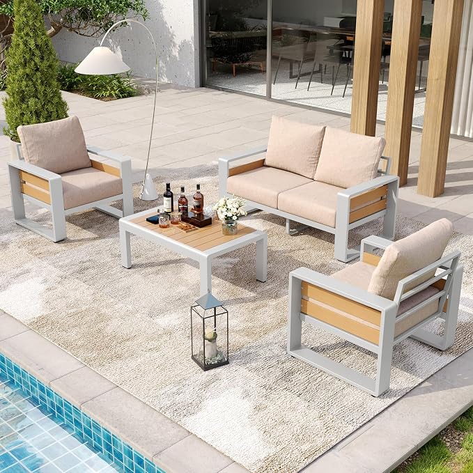 Aoxun Aluminum Patio Furniture Set, 4 Piece Luxury Outdoor Sectional with 6" Olefin Fabric Cushions, Patio Conversation Sets with Coffee Table and Waterproof Cover for Backyard, Porch Beige