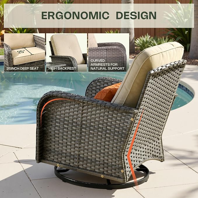 3-Piece Patio Furniture Set, Outdoor Wicker Furniture with Coffee Table, High Back Swivel Rocker Patio Chairs, Modern Rattan Outdoor Chairs Conversation Set for Porch, Balcony, Garden, Beige