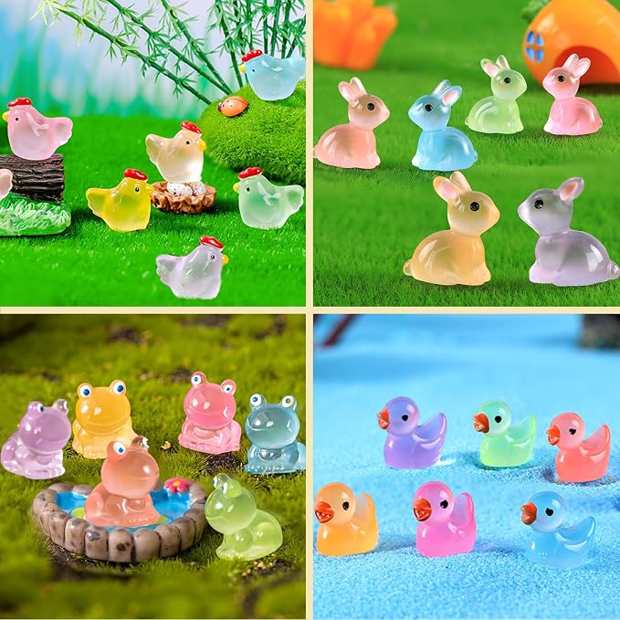 Mini Resin Animals to Hide 72 PCS Luminous Tiny Miniature Figurines Bulk Glow in The Dark Include Little Ducks Small Chicken Rabbits Frogs for Garden Micro Landscape Aquarium Potted