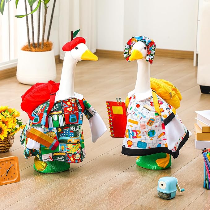 Abbylike 2 Set Back to School Porch Goose Outfit First Day of School Yard Goose Costume Clothes with Bag Pencli and Notebook Fits Large 23'' Cement for Garden Pathway Statue Decor