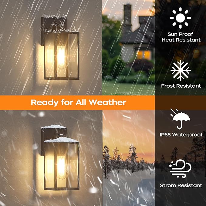 Dusk to Dawn Exterior Lighting Fixtures, Outdoor Porch Light Wall Sconce | 10.65 inch, Anti-Rust Metal Frame, Tempered Glass, E26 Base, Waterproof, Sensor Wall Lantern for Patio, Garage, Entryway