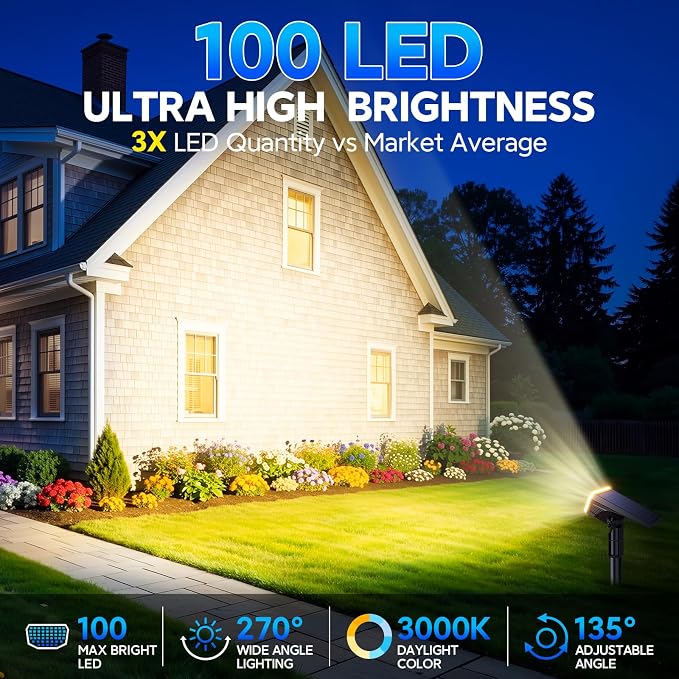 Solar Spot Lights Outdoor Waterproof IP65, 100 LED Solar Lights Outdoor | Super Bright Solar Spotlights 3000K&2 Lighting Modes , 2-in-1 Ground Spike & Wall Mount Solar Landscape Spotlights for Yard