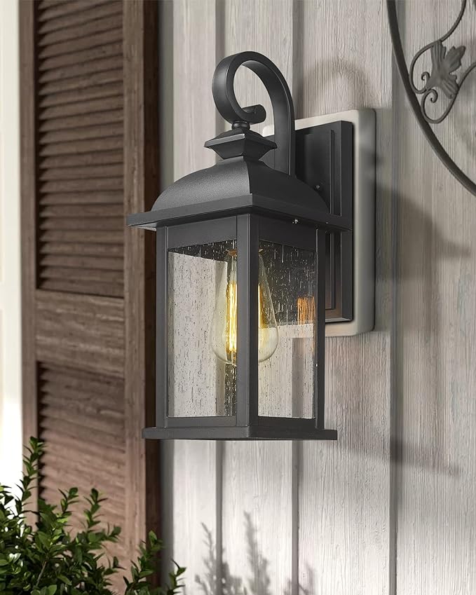 FEMILA Outdoor Wall Sconce, 15" Matte Black Seeded Glass Outdoor Sconce Lights, Front Porch Light Fixtures Wall Mount, Garage Lights for Patio, Entryway, Garden, E26 Base, 4FD54B BK