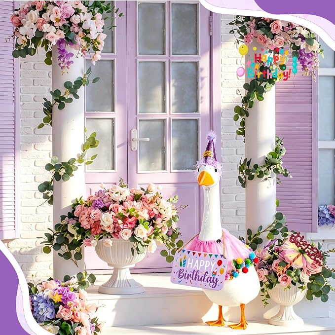 3 Pcs Happy Birthday Porch Goose Outfit Lawn Goose Cloth Costume for 23" Cement Plastic Patio Yard Statue Outdoor (Purple,Tutu Skirt)