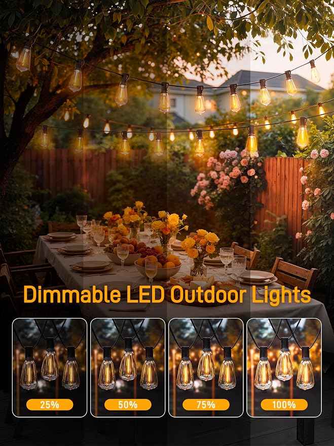 Outdoor String Lights Dimmable with Remote, 150 FT Outdoor Lights with 2 Timer and 3 Mode, Waterproof & Shatterproof Patio Lights, 2200K Energy Saving String Lights 4 Spare Bulbs for Patio Yard