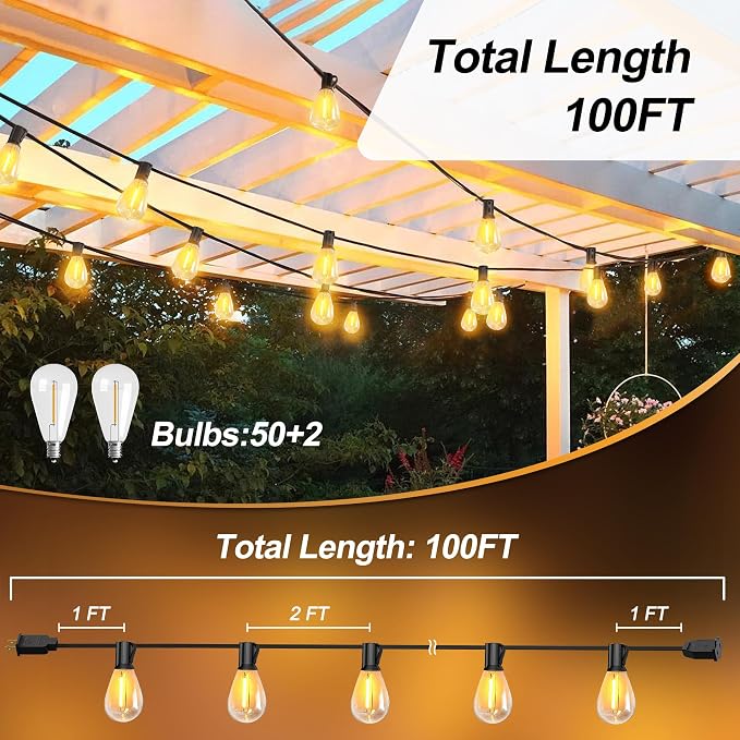 CABOCASA Outdoor String Lights 100FT for Outside Patio Lights with 50+2 Shatterproof S14 LED Dimmable Bulb, Outside Hanging Light Waterproof for Porch Garden Fences Backyard Balcony Pathways 2700K