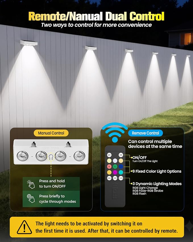 JOFIOS Solar Fence Lights Outdoor with Remote, 8 Pack, 9 Fixed Colors ＆ Color Changing Solar Lights Waterproof IP65 Dusk-to-Dawn Vinyl Fence Lights for Patio, Pool, Porch, Backyard, Wall, White