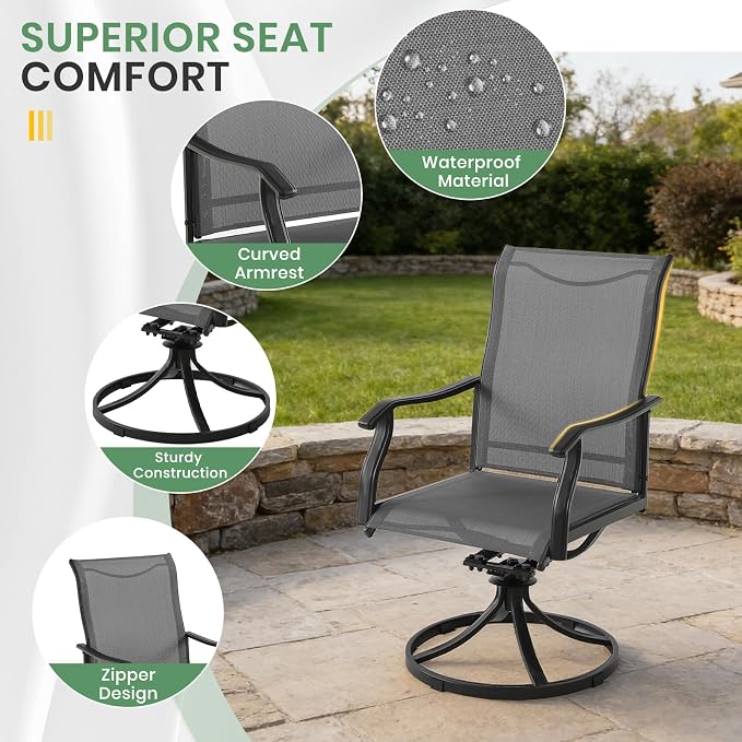 LVUYOYO 5-Piece Outdoor Patio Dining Set, Textilene Swivel Chairs & Round Table Set, All-Weather Table and Chairs Set with Umbrella Hole for Backyard, Garden,Balcony,Porch (Gray)
