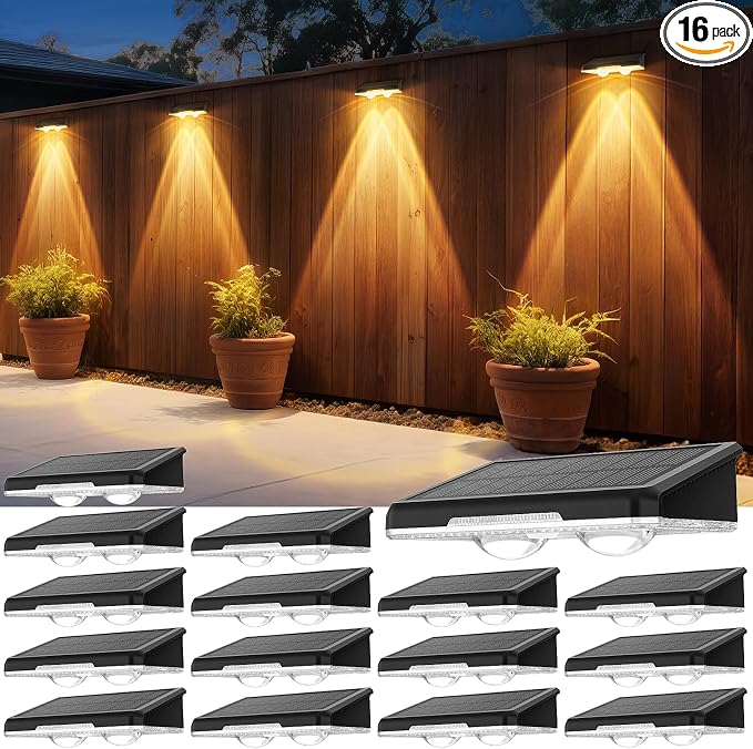 Solar Fence Lights Outdoor, 16 Pack, 3 Color Modes, IP65 Waterproof | Warm/Neutral/Cool White Fence Lights Solar Powered for Outside, Deck Lighting for Wall, Step, Patio, Pathway, Stairs