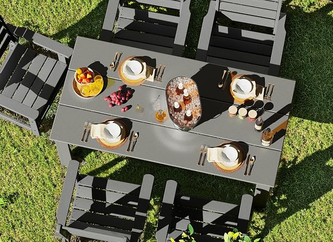 GREENVINES Outdoor Dining Table | 67’’ | HDPE | Rectangle Tables for 6 | All-Weather | Umbrella Hole | Patio Furniture | for Poolside Backyard Garden | Grey