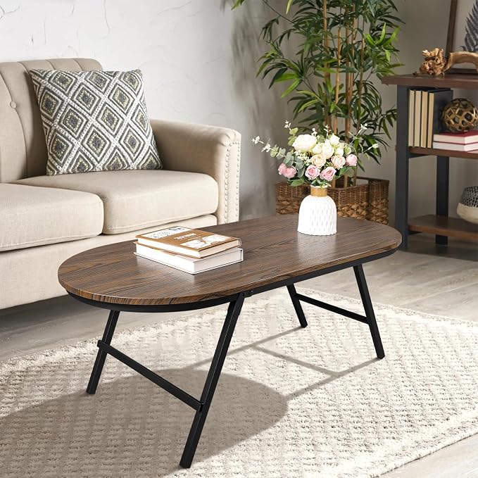 Foldable Coffee Table Oval Small Coffee Tables with Metal Legs Floor Table Desk for Sitting on the Floor Low Coffee Table for Small Spaces Living Room Outdoor Use Dark Brown