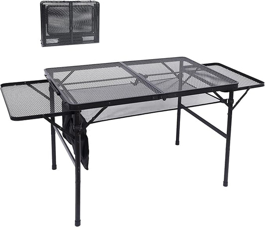 Nice C Folding Grill Table, Camping Tailgate Metal Table, 2 Tier Mesh Grill Station, with Metal Folding Adjustable Height&Width, Mesh Net, Carry Handle, for Outdoor