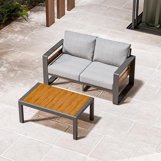 ZANDOR Aluminum Outdoor Patio Furniture Set with Coffee Table, 2 Seats Patio Conversation Sets with Washable Thick Cushions, Outdoor Sectional for Porch, Backyard, Deck, Garden & Poolside, Silver