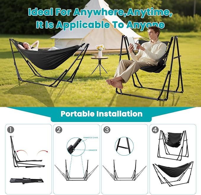 Hammock with Portable Steel Stand and Carrying Bag for Outside,Easy Set Up for Outdoor,Indoor,Backyard,Patio,Camping,Garden,Trip (Black)