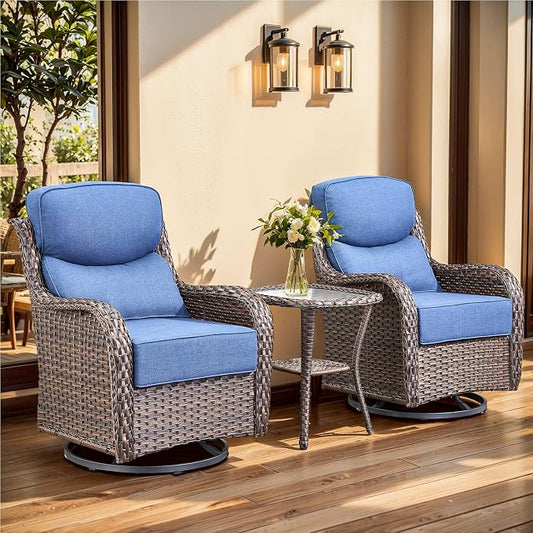 Luxury Outdoor Swivel Rocker Patio Chairs, High Back Patio Swivel Chairs with Side Table & 6-Inch Thick Cushions, Wicker Outdoor Bistro Set for Porch, Yard, Deck, Poolside, Brown/Blue