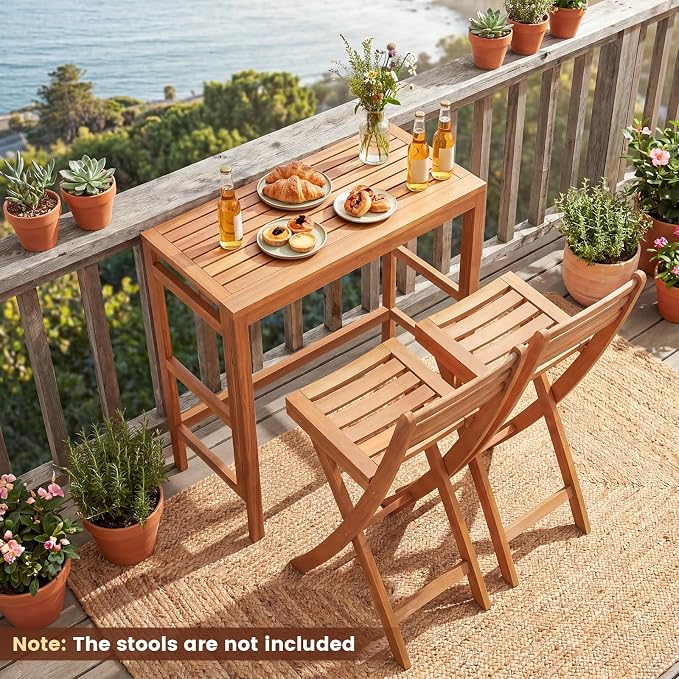 HAPPYGRILL Acacia Wood Folding Bar Table Outdoor Counter Height Patio Dining Table with Slatted Tabletop, for Outside Balcony Garden and Backyard