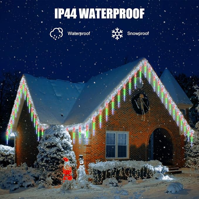 Brightown Christmas Icicle Lights Outdoor, 20Ft Meteor Shower Lights with 20 Large Tube 480 LED Dropping Effect, Waterproof Icicle Christmas Decorations for House Eave Roofline, Multicolor