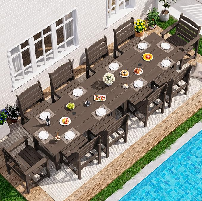 SERWALL HDPE Outdoor Dining Set for 10 with 2 Tables & 10 Chairs, Coffee | Includes 2 Rectangular Tables(67") and 10 Chairs. All-Weather Resistant Dining Furniture