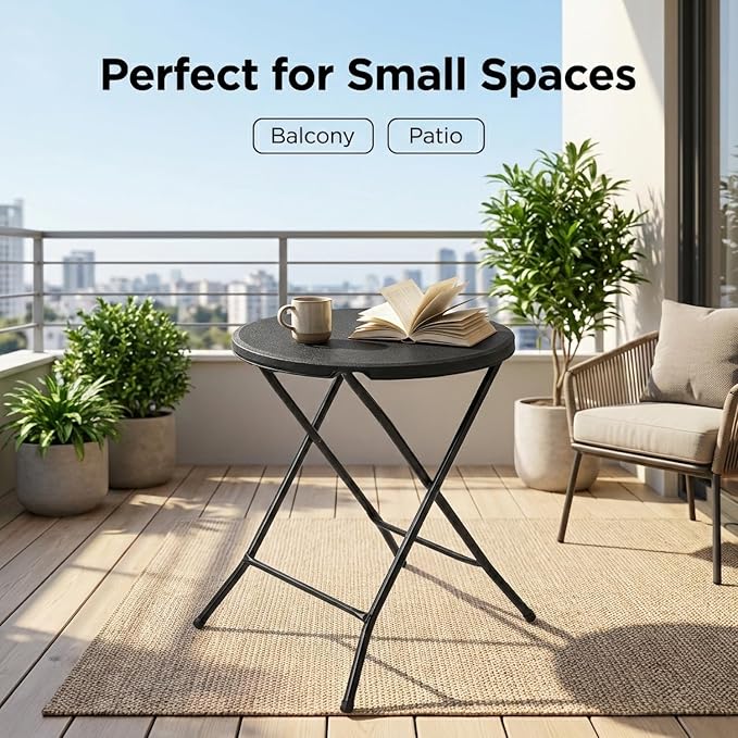 24 Inch Round Folding Bistro Table, Black Indoor/Outdoor Portable Patio Table, 29" Height, Fold-Flat Metal Legs, Small Space Accent Table for Balcony, Porch, Dorm, Apartment