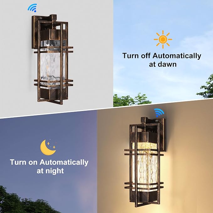 WIHTU 15'' Dusk to Dawn Outdoor Wall Lantern, Porch Light, Gold-Swept Black | Rustproof Metal Frame, Water Ripple Glass, T30 Bulb Included, E26 Bulb,2700K Warm Light, Patio Light for Front Door
