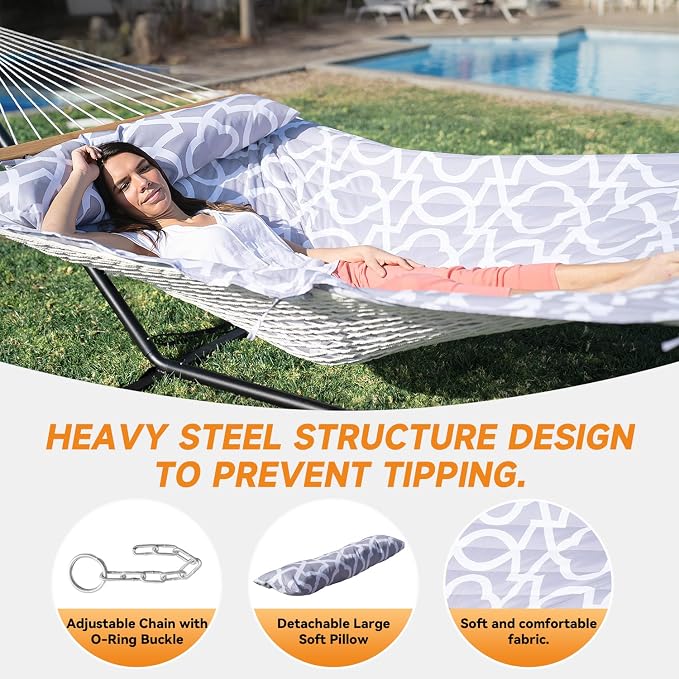 Everyfun 2 Person Outdoor Hammock with Stand, Cotton Rope Hammock with Polyester Pad, Adjustable Steel Frame, Portable with Carrying Bag – for Patio, Backyard, Garden, Beach, Cloud-Gray