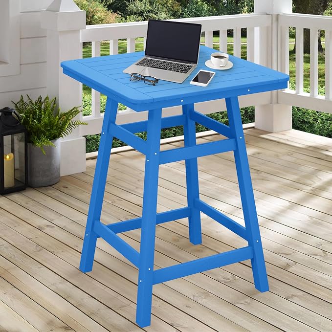 Costaelm Outdoor Bar Table, 37" Counter Height Square Patio Cocktail Bar Table with Umbrella Hole, Patio Bistro Dining Pub Table for Front Porch Deck Backyard Garden, Pacific Blue