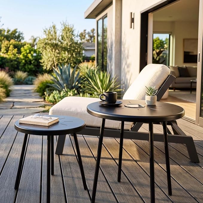 HRVEOCEI Black Round Nesting Coffee Table Set of 2, 2 PCS Small Outdoor Nesting Tables with LED Light for Living Room, Metal Side Table Set for Balcony Patio (50 Inch + LED)